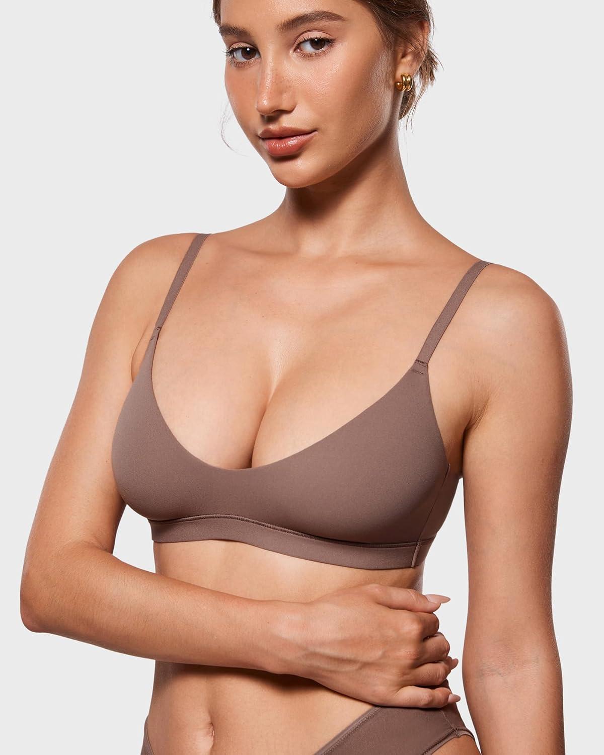 imageINLYRIC Womens Inbarely Soft Scoop Bralettes No Padding Cami Bras Unlined No Underwire Comfort Sleep Bralette PulloverBrown Purple