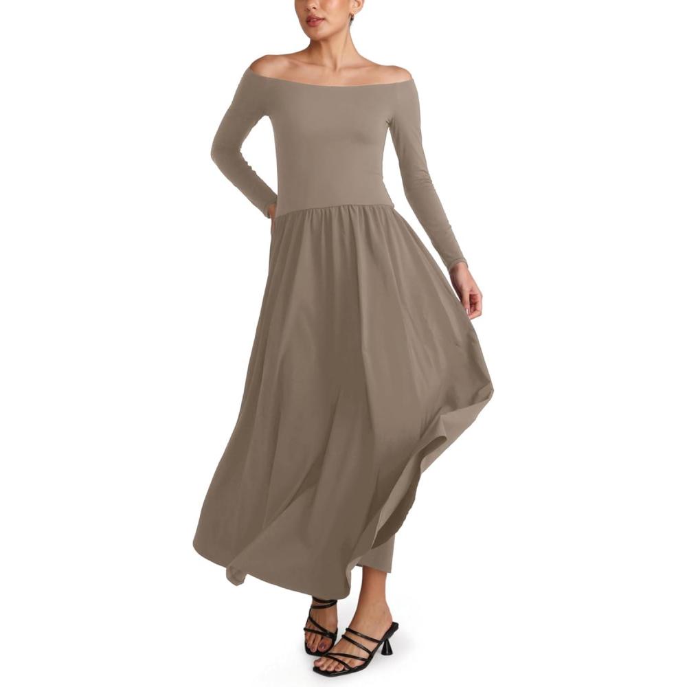 imageINLYRIC Womens Off The Shoulder Long Sleeve Maxi Dresses Elegant Formal Wedding Guest Cocktail Long Dresses