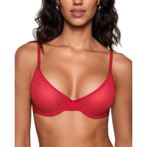 imageINLYRIC Womens Cosnufy Sheer Balconette Bra Demi Unlined Plunge Mesh See Through Sexy Bras UnderwireLipstick Red