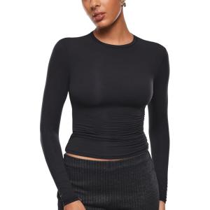 imageINLYRIC Womens Inbarely Ultra Long Sleeve Shirts Crew Neck Double Lined Slim Fitted Going Out Tops Basic TeesBlack