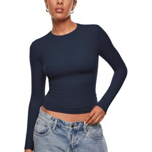 imageINLYRIC Womens Inbarely Ultra Long Sleeve Shirts Crew Neck Double Lined Slim Fitted Going Out Tops Basic TeesDeep Ocean Blue
