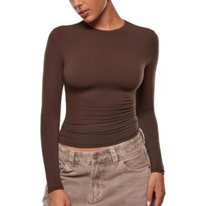 imageINLYRIC Womens Inbarely Ultra Long Sleeve Shirts Crew Neck Double Lined Slim Fitted Going Out Tops Basic TeesHazelnut