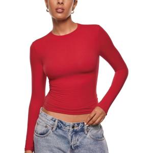 imageINLYRIC Womens Inbarely Ultra Long Sleeve Shirts Crew Neck Double Lined Slim Fitted Going Out Tops Basic TeesLipstick Red