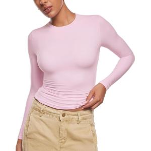 imageINLYRIC Womens Inbarely Ultra Long Sleeve Shirts Crew Neck Double Lined Slim Fitted Going Out Tops Basic TeesSweet Pinkslightly Sheer