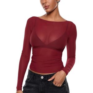 imageINLYRIC Womens Cosnufy Mesh Sheer Long Sleeve Tops See Through Boat Neck Going Out Tops Trendy Sexy ShirtsAncora Red
