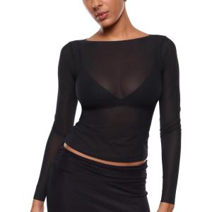 imageINLYRIC Womens Cosnufy Mesh Sheer Long Sleeve Tops See Through Boat Neck Going Out Tops Trendy Sexy ShirtsBlack