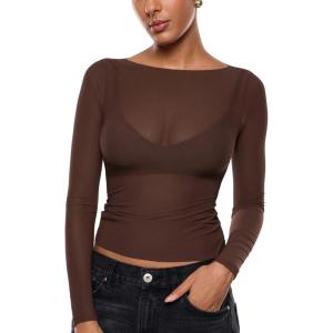 imageINLYRIC Womens Cosnufy Mesh Sheer Long Sleeve Tops See Through Boat Neck Going Out Tops Trendy Sexy ShirtsHazelnut