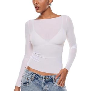 imageINLYRIC Womens Cosnufy Mesh Sheer Long Sleeve Tops See Through Boat Neck Going Out Tops Trendy Sexy ShirtsSnow White