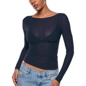 imageINLYRIC Womens Cosnufy Mesh Sheer Long Sleeve Tops See Through Boat Neck Going Out Tops Trendy Sexy ShirtsTwilight Blue