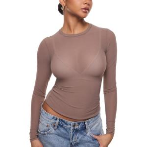 imageINLYRIC Womens Cosnufy Mesh Sheer Long Sleeve Tops See Through Crew Neck Going Out Tops Trendy Sexy ShirtsBrown Purple