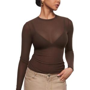 imageINLYRIC Womens Cosnufy Mesh Sheer Long Sleeve Tops See Through Crew Neck Going Out Tops Trendy Sexy ShirtsHazelnut