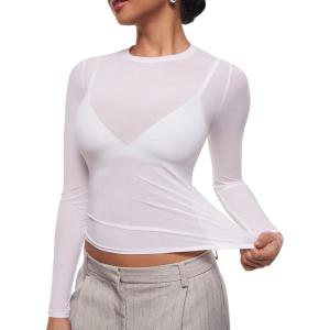 imageINLYRIC Womens Cosnufy Mesh Sheer Long Sleeve Tops See Through Crew Neck Going Out Tops Trendy Sexy ShirtsSnow White