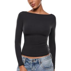 imageINLYRIC Womens Inbarely Ultra Long Sleeve Shirts Boat Neck Double Lined Going Out Tops Tight Fit Basic TeesBlack