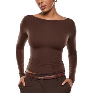 imageINLYRIC Womens Inbarely Ultra Long Sleeve Shirts Boat Neck Double Lined Going Out Tops Tight Fit Basic TeesHazelnut