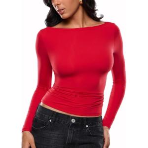 imageINLYRIC Womens Inbarely Ultra Long Sleeve Shirts Boat Neck Double Lined Going Out Tops Tight Fit Basic TeesLipstick Red