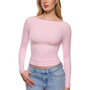 imageINLYRIC Womens Inbarely Ultra Long Sleeve Shirts Boat Neck Double Lined Going Out Tops Tight Fit Basic TeesSweet Pinkslightly Sheer