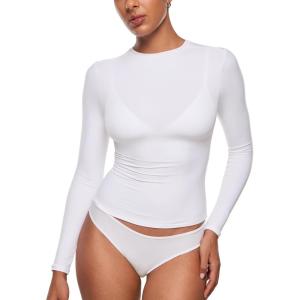 imageINLYRIC Womens Inbarely Ultra Long Sleeve Shirts Crew Neck Double Lined Slim Fitted Going Out Tops Basic TeesSnow Whitesee Through