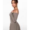 imageINLYRIC Womens Off The Shoulder Long Sleeve Maxi Dresses Elegant Formal Wedding Guest Cocktail Long DressesKhaki Taupe
