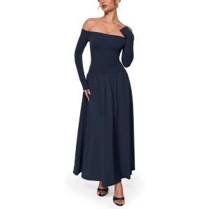 imageINLYRIC Womens Off The Shoulder Long Sleeve Maxi Dresses Elegant Formal Wedding Guest Cocktail Long DressesDeep Ocean Blue