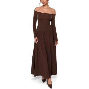 imageINLYRIC Womens Off The Shoulder Long Sleeve Maxi Dresses Elegant Formal Wedding Guest Cocktail Long DressesHazelnut