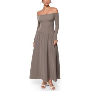 imageINLYRIC Womens Off The Shoulder Long Sleeve Maxi Dresses Elegant Formal Wedding Guest Cocktail Long DressesKhaki Taupe