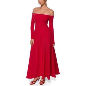 imageINLYRIC Womens Off The Shoulder Long Sleeve Maxi Dresses Elegant Formal Wedding Guest Cocktail Long DressesLipstick Red