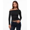imageINLYRIC Womens Inbarely Seasons Off The Shoulder Double Lined Long Sleeve Tops Going Out Slim Fitted Sexy TShirtsBlack