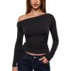 imageINLYRIC Womens Inbarely Seasons Off The Shoulder Double Lined Long Sleeve Tops Going Out Slim Fitted Sexy TShirtsBlack