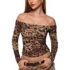 imageINLYRIC Womens Inbarely Soft Off The Shoulder Double Lined Long Sleeve Tops Going Out Slim Fitted Sexy Trendy TShirtsWildland Leopard