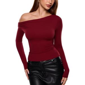 imageINLYRIC Womens Inbarely Seasons Off The Shoulder Double Lined Long Sleeve Tops Going Out Slim Fitted Sexy TShirtsAncora Red