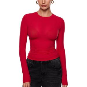 imageINLYRIC Womens Inbarely Soft Long Sleeve TShirts Crew Neck Basic Tees Slim Fitted Going Out Tops Trendy Fall OutfitsLipstick Red