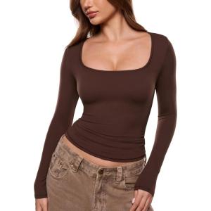 imageINLYRIC Womens Airsoft Long Sleeve TShirts Square Neck Basic Tees Slim Fitted Going Out Tops TrendyHazelnut