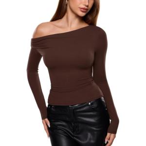 imageINLYRIC Womens Inbarely Seasons Off The Shoulder Double Lined Long Sleeve Tops Going Out Slim Fitted Sexy TShirtsHazelnut