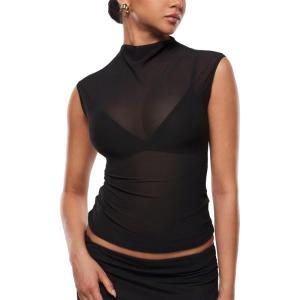 imageINLYRIC Womens Cosnufy Mesh Sheer Mock Turtle Neck Tank Tops See Through Sleeveless Sexy Summer Going Out TopsBlack
