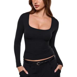 image:imageINLYRIC Womens Airsoft Single Layer Long Sleeve TShirts Square Neck Basic Tees Slim Fitted Going Out Tops TrendyBlack