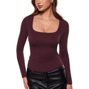 image:imageINLYRIC Womens Airsoft Single Layer Long Sleeve TShirts Square Neck Basic Tees Slim Fitted Going Out Tops TrendyBurgundy Purple
