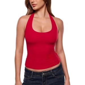 image:imageINLYRIC Womens Inbarely Soft Deep Halterneck Double Lined Sleeveless Tank Tops Backless Going Out Slim Fitted SexyLipstick Red
