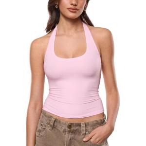 image:imageINLYRIC Womens Inbarely Soft Deep Halterneck Double Lined Sleeveless Tank Tops Backless Going Out Slim Fitted SexySweet Pink