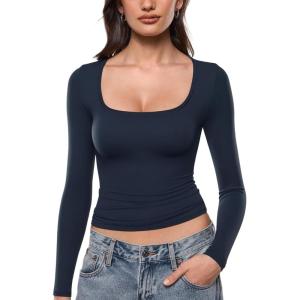 image:imageINLYRIC Womens Airsoft Single Layer Long Sleeve TShirts Square Neck Basic Tees Slim Fitted Going Out Tops TrendyDeep Ocean Blue