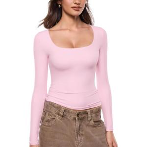 image:imageINLYRIC Womens Airsoft Single Layer Long Sleeve TShirts Square Neck Basic Tees Slim Fitted Going Out Tops TrendySweet Pink