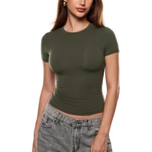 image:imageINLYRIC Womens Inbarely Ultra Short Sleeve Tops Crew Neck Double Lined Going Out Slim Fit T Shirts Summer Basic TeesDeep Moss Green
