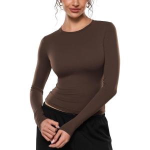 image:imageINLYRIC Womens Airsoft Long Sleeve TShirts Single Layer Crew Neck Basic Tees Slim Fitted Going Out Tops TrendyClay Brown