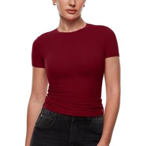 image:imageINLYRIC Womens Inbarely Ultra Short Sleeve Tops Crew Neck Double Lined Going Out Slim Fit T Shirts Summer Basic TeesAncora Red