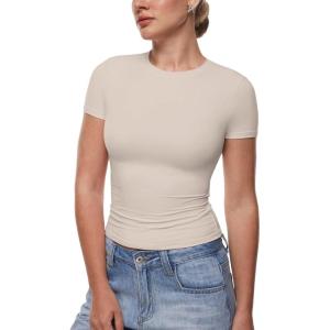 image:imageINLYRIC Womens Inbarely Ultra Short Sleeve Tops Crew Neck Double Lined Going Out Slim Fit T Shirts Summer Basic TeesVanilla White