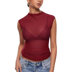 image:imageINLYRIC Womens Cosnufy Mesh Sheer Mock Turtle Neck Tank Tops See Through Sleeveless Sexy Summer Going Out TopsAncora Red