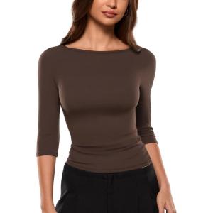 image:imageINLYRIC Womens Airsoft 34 Length Sleeve Tops Single Layer Crew Neck T Shirts Basic Tees Slim Fitted Going Out TopsClay Brown