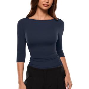 image:imageINLYRIC Womens Airsoft 34 Length Sleeve Tops Single Layer Crew Neck T Shirts Basic Tees Slim Fitted Going Out TopsDeep Ocean Blue