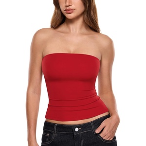 image:imageINLYRIC Womens Airsoft Padded Tank Top Built in Bra Tube Strapless Top Basic Going Out Tops SummerBlazing Red
